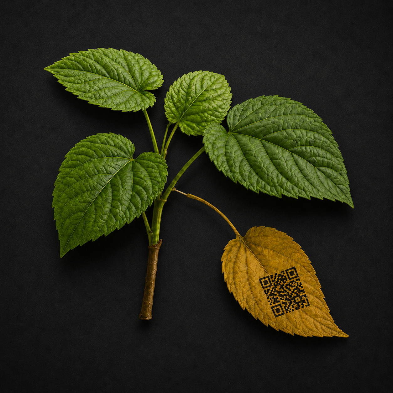 plant with one dropped leaf with a QR code pattern